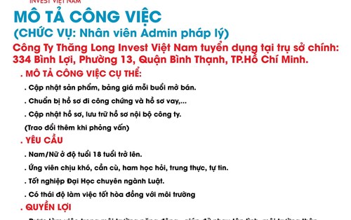 Công Ty Thăng Long Invest Việt Nam tuyển dụng Nhân viên Admin pháp lý và nhân viên HR